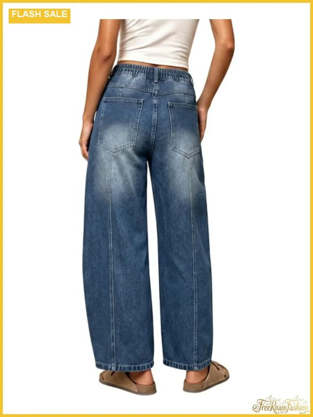 Women's Barrel Jeans - Elastic Waist Drawstring Baggy Wide Leg Pants